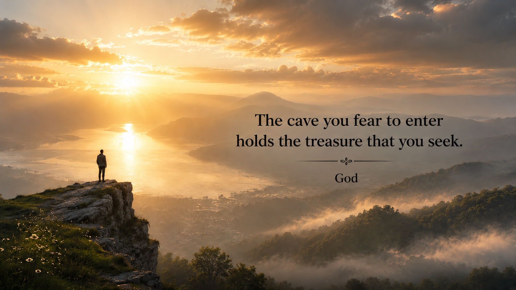 Sunset cliff with lone figure and quote